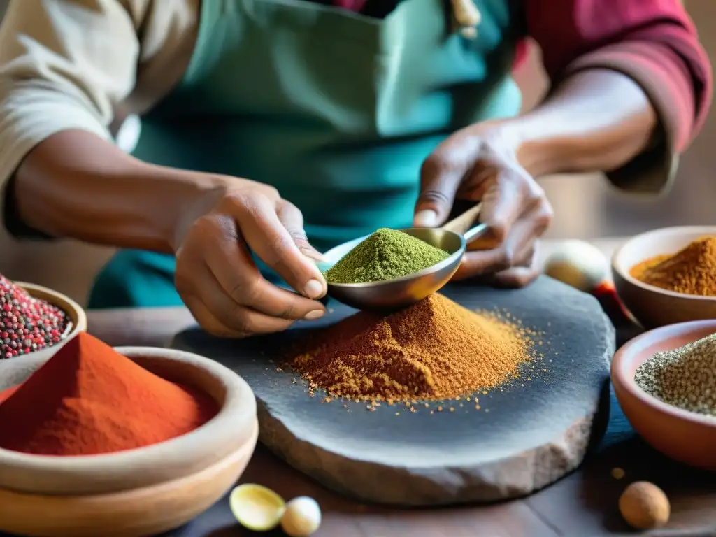 Artesano peruano moliendo especias con batán tradicional Detalle de un artesano peruano usando un batán tradicional para moler especias, resaltando la importancia de la Batán Peruana