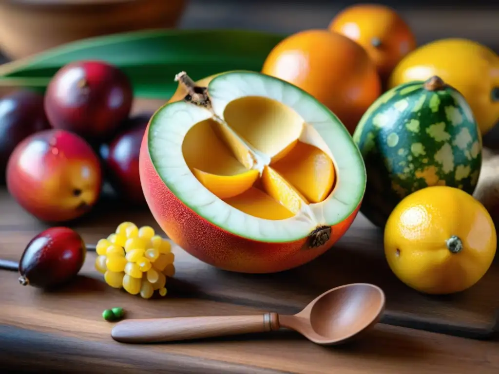 Detalle artístico de maracuyás frescos sobre mesa rústica, resaltando sus beneficios en gastronomía peruana