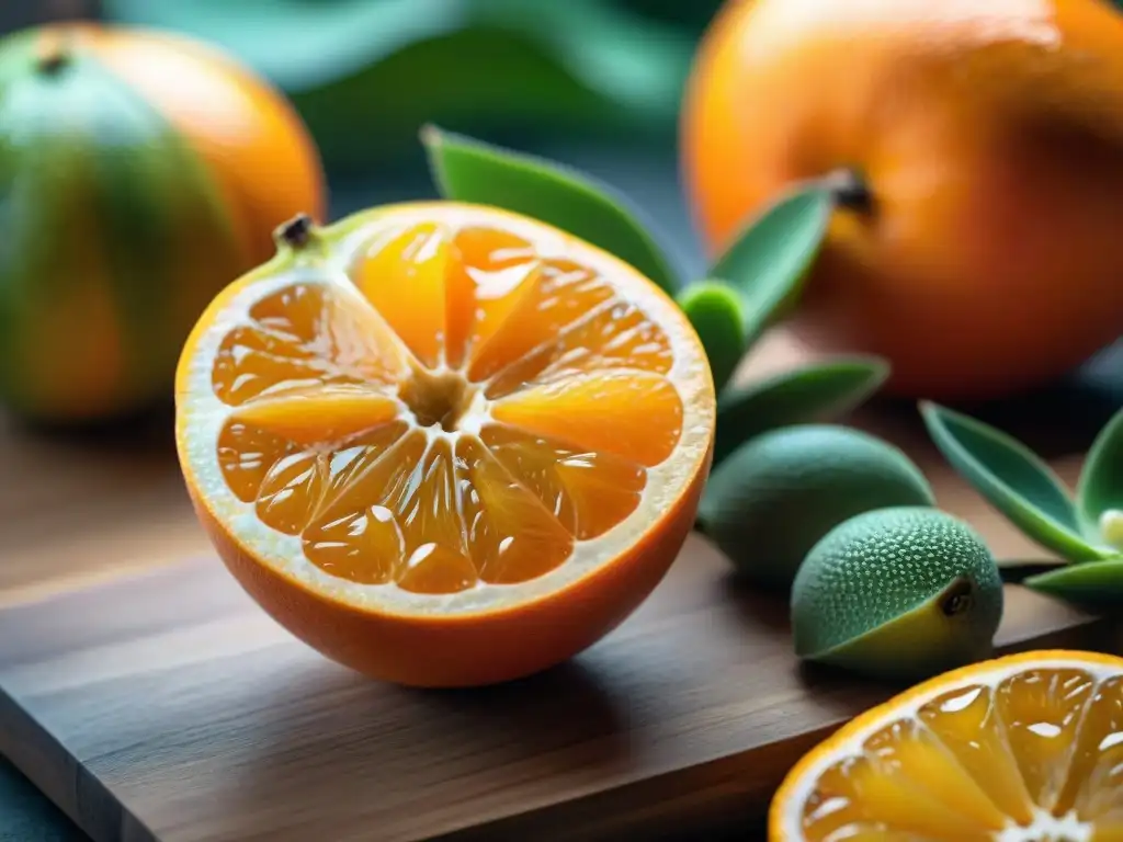 Detalle asombroso de un Tumbo Peruano jugoso y fresco, con su piel naranja vibrante y semillas, resaltando sus beneficios y recetas