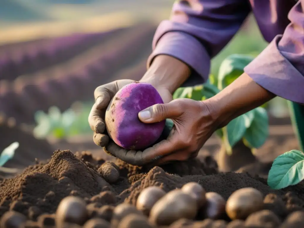 Detalle auténtico de una papa morada peruana siendo cosechada en los Andes por agricultores locales