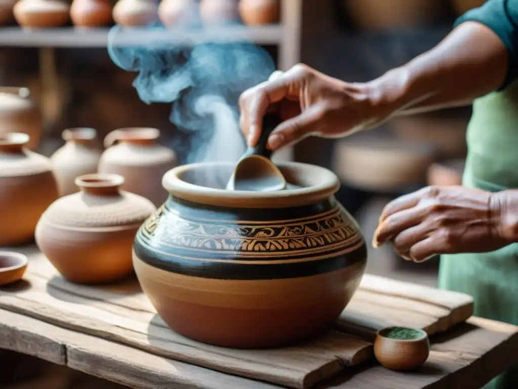 Detalle de la fermentación de la bebida ancestral chicha de jora en jarros de cerámica peruana