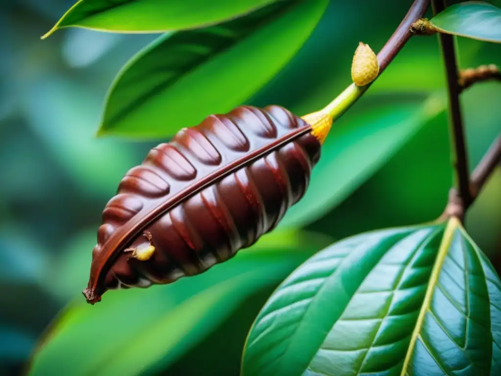 Detalle de un cacao maduro en árbol, origen cacao peruano chocolate mundial