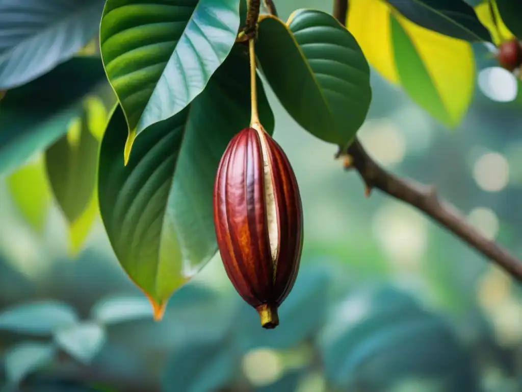 Detalle del cacao maduro en una plantación peruana, resaltando su belleza natural