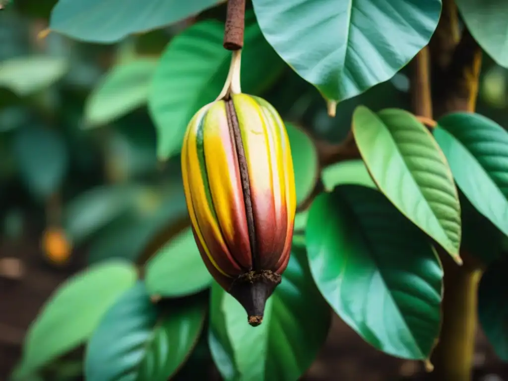 Detalle de un cacao maduro en una plantación peruana exuberante