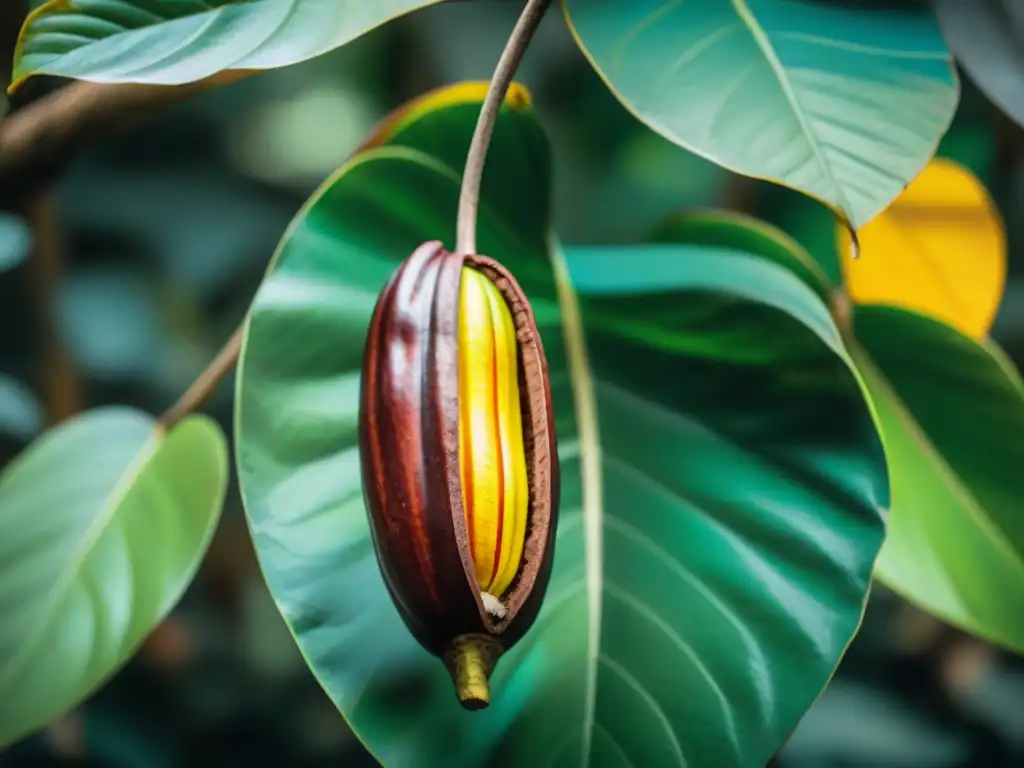 Detalle de un cacao peruano en una plantación, resaltando la belleza natural