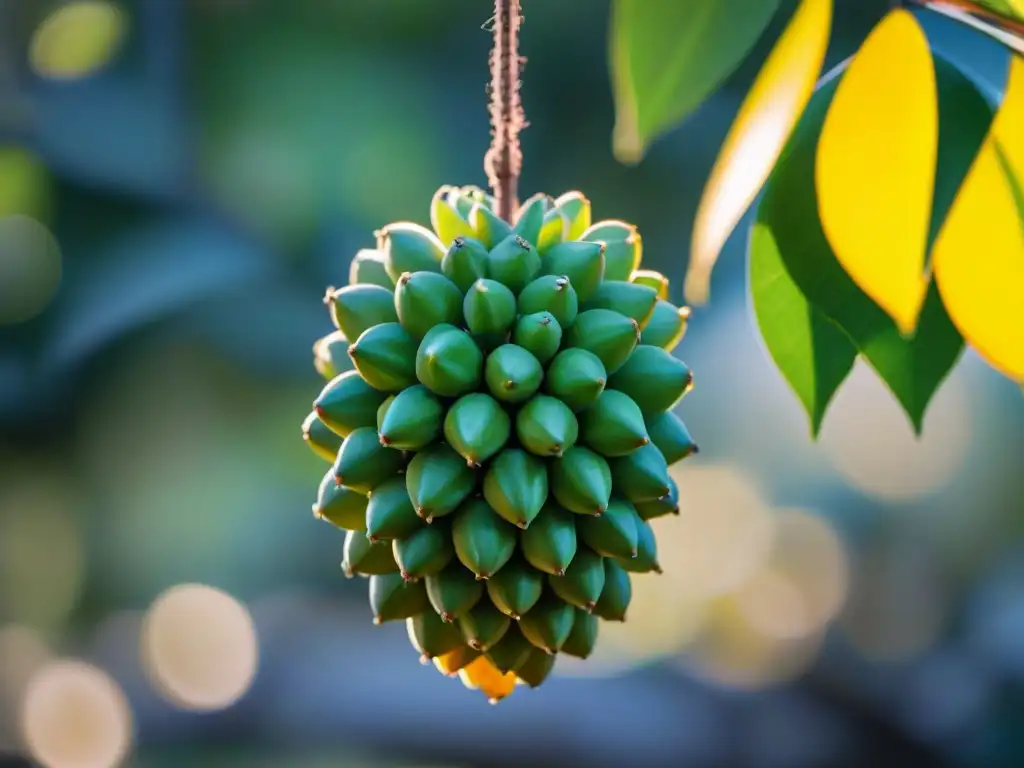 Detalle celestial de una chirimoya madura colgando del árbol, con su piel verde vibrante y textura única