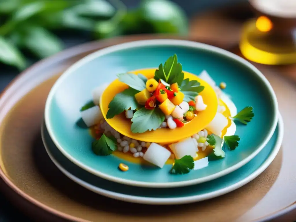 Detalle de un ceviche peruano en miniatura, con ingredientes meticulosamente colocados en un plato cerámico