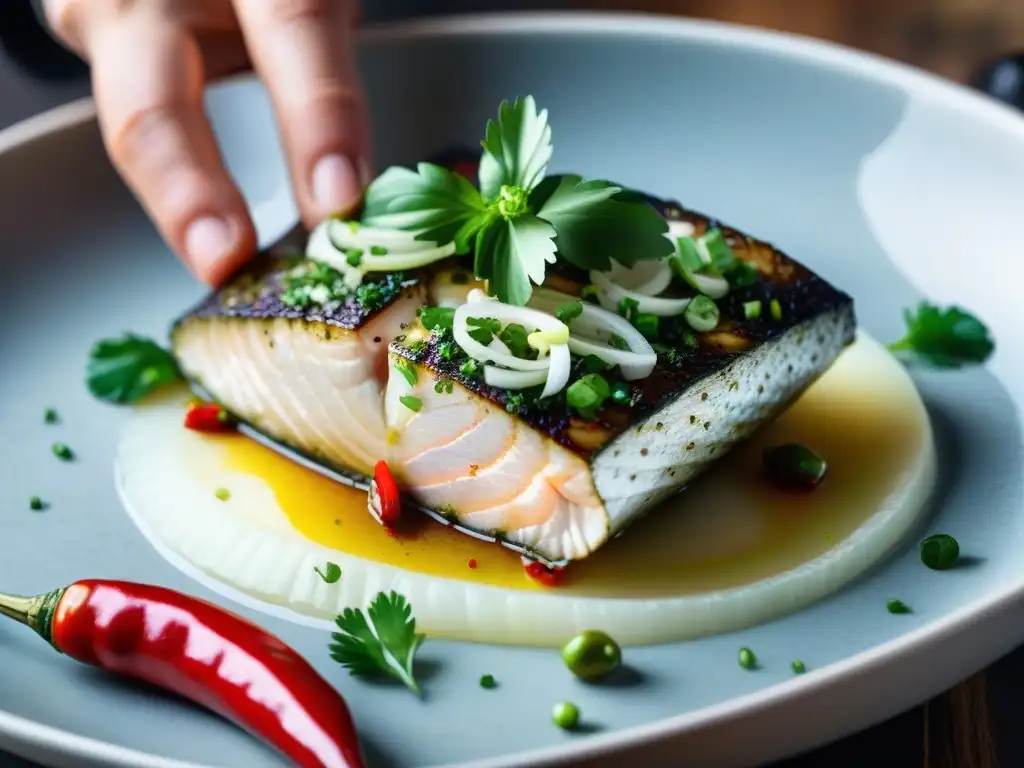 Detalle de ceviche peruano sousvide con pescado marinado, cebolla, cilantro y ajíes, reflejando precisión y pasión culinaria