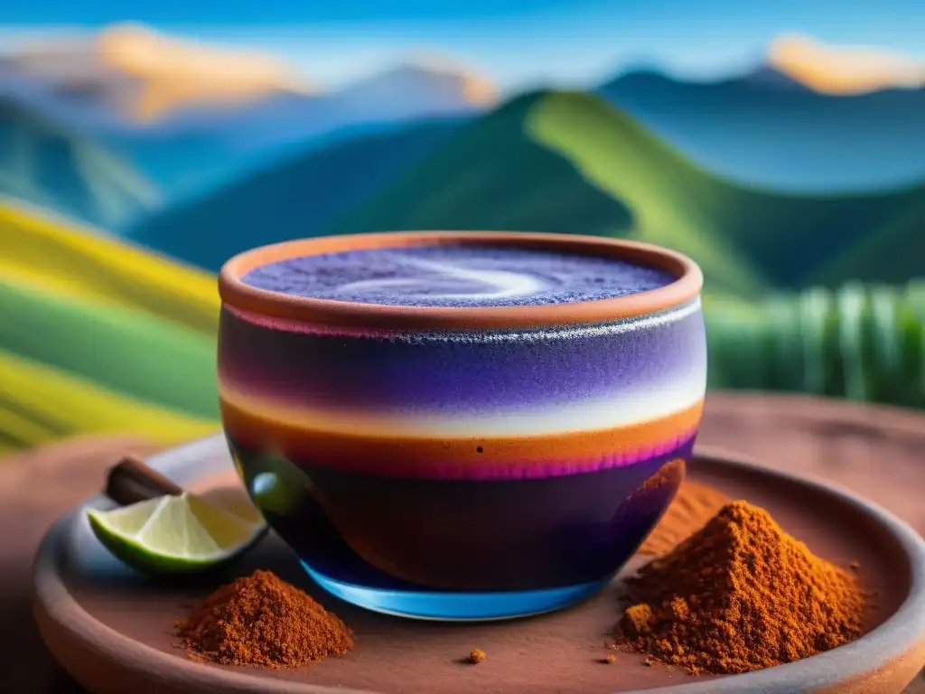 Detalle de chicha morada en vaso de barro peruano, con lima y canela