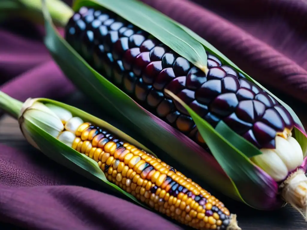 Detalle de un choclo morado vibrante con granos únicos, sobre textiles peruanos en tonos tierra