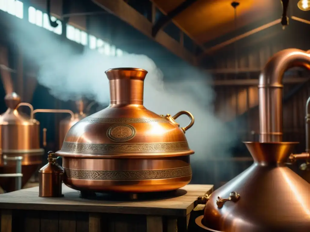 Detalle en cobre de un alambique tradicional para destilación del pisco peruano, resaltando historia y artesanía