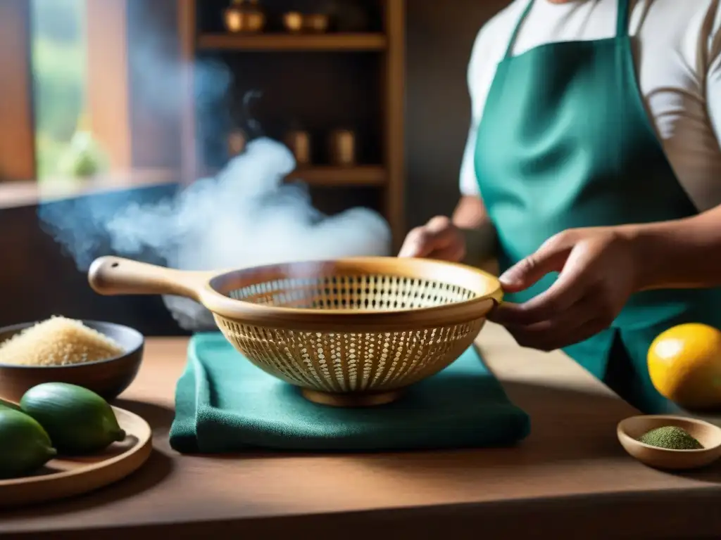 Detalle del colador de bambú andino mostrando su tejido y durabilidad, con juego de luz y sombra en la cocina andina