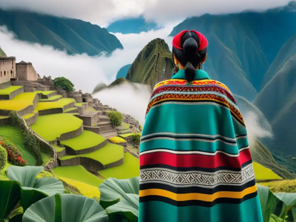 Detalle colorido de textil peruano tradicional con patrones intrincados y vibrantes, en armonía con montañas verdes y nubes