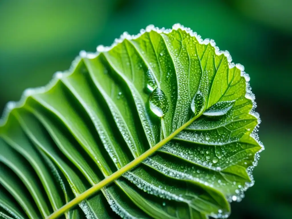 Detalle de cristales de hielo congelados en una hoja verde de cilantro, destacando las técnicas de congelación en la cocina peruana