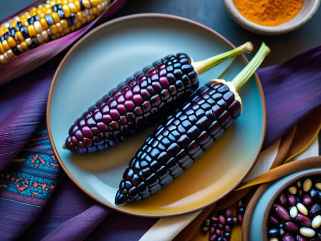 Detalle digital del maíz morado peruano en vibrante homenaje al arte culinario andino