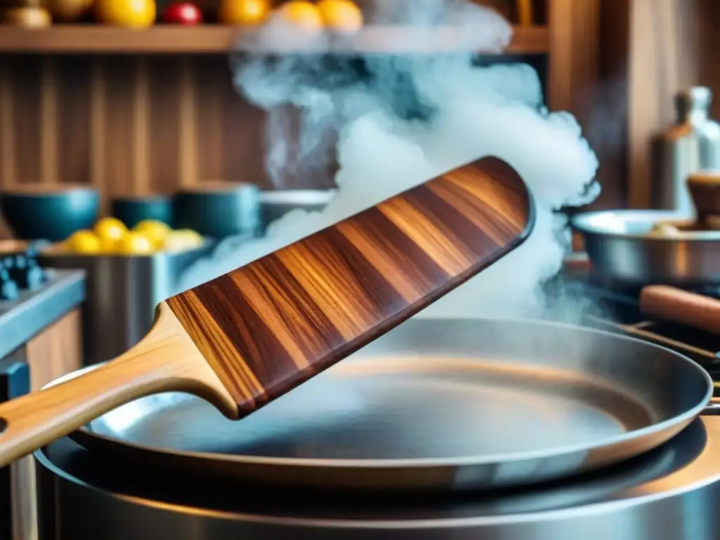 Detalle de una espátula de madera en cocina peruana, resaltando su grano y bordes desgastados