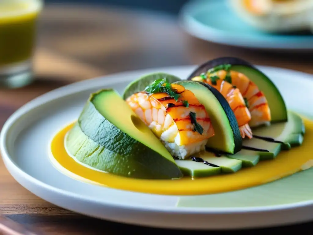 Detalle exquisito de una causa limeña con estilismo en la presentación gastronómica