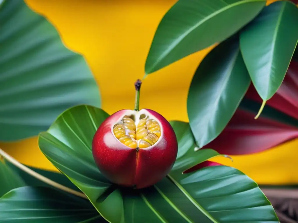 Detalle exquisito de maracuyá madura y vibrante en un entorno tropical, evocando el Refresco de maracuyá trópico peruano