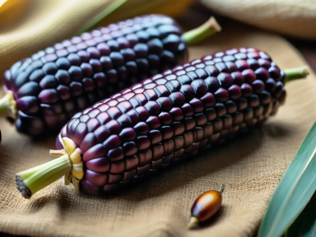 Detalle exquisito de maíz morado peruano, resaltando su textura y tono único