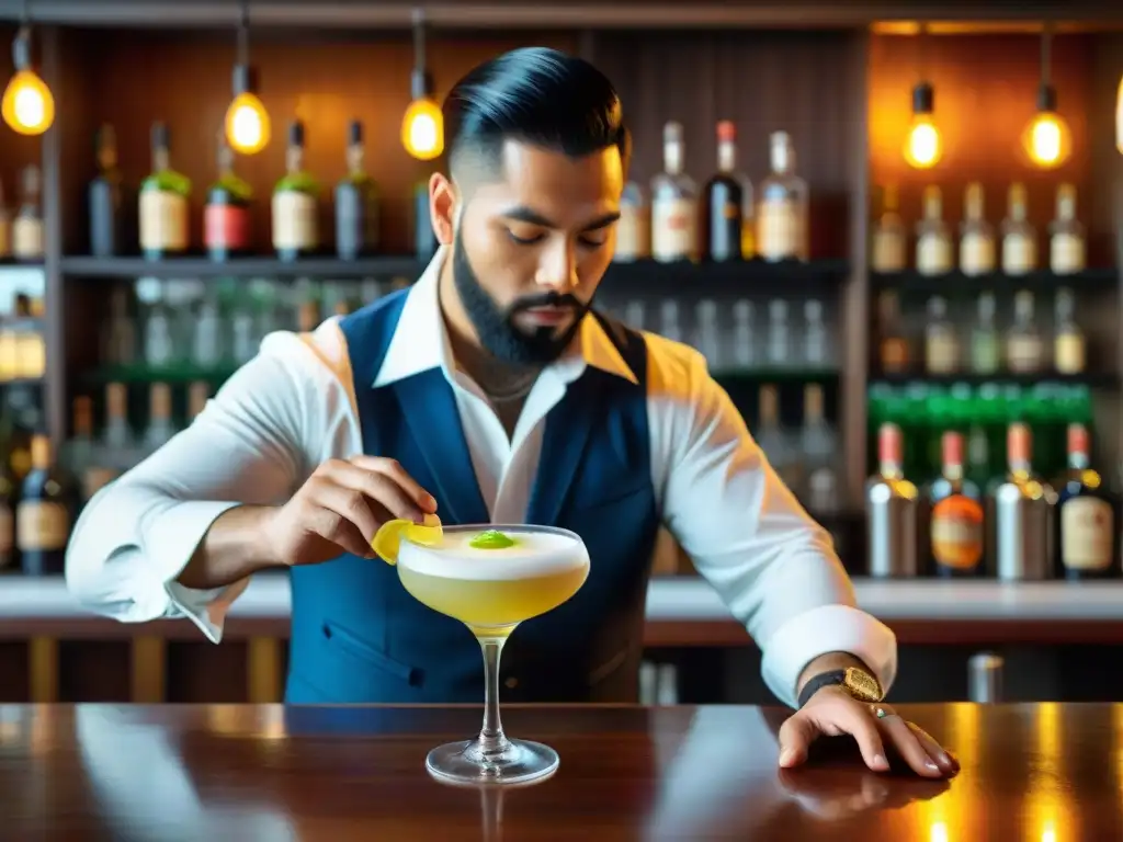 Detalle exquisito de la elaboración de un pisco sour peruano en un animado bar limeño