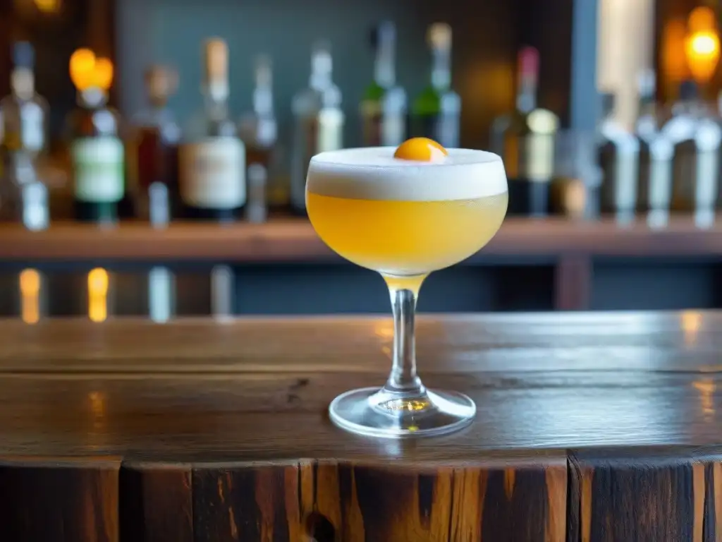 Detalle de un exquisito Pisco Sour peruano, con espuma blanca, Pisco dorado y toques de limón, en un elegante bar de madera