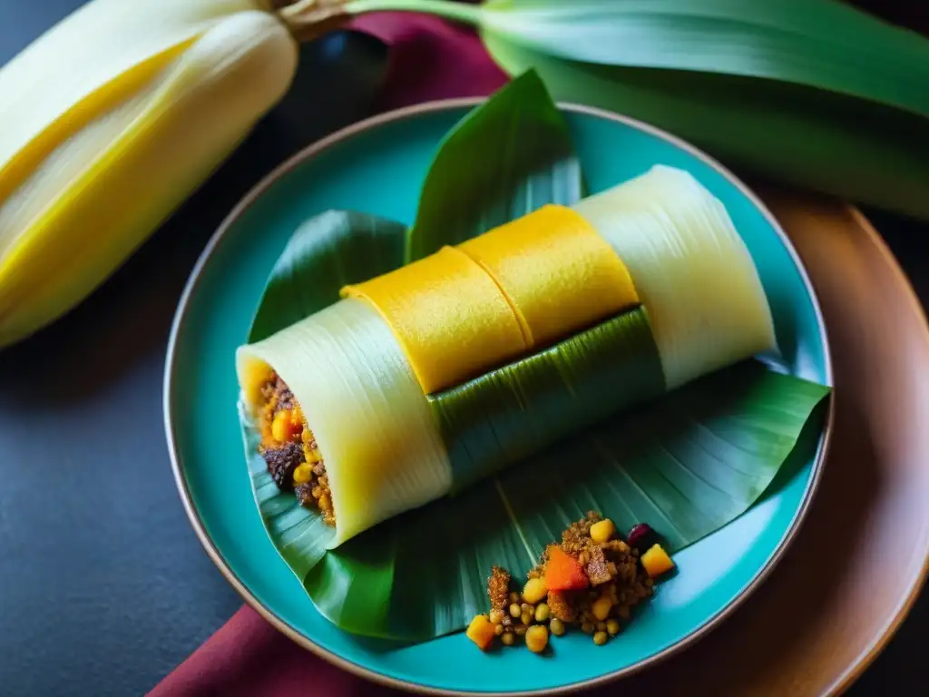 Detalle exquisito de la presentación del Tamal Peruano, resaltando capas de masa, carne y hojas de plátano