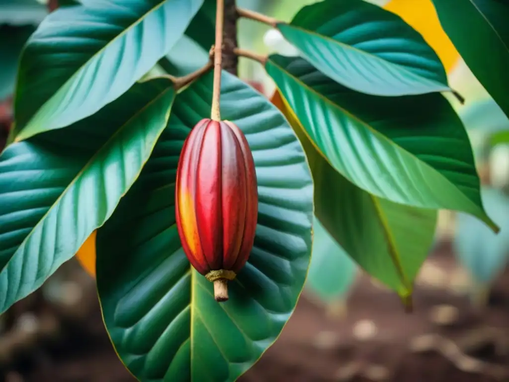 Detalle exquisito de una vaina de cacao maduro en una plantación peruana, resaltando los beneficios del cacao peruano