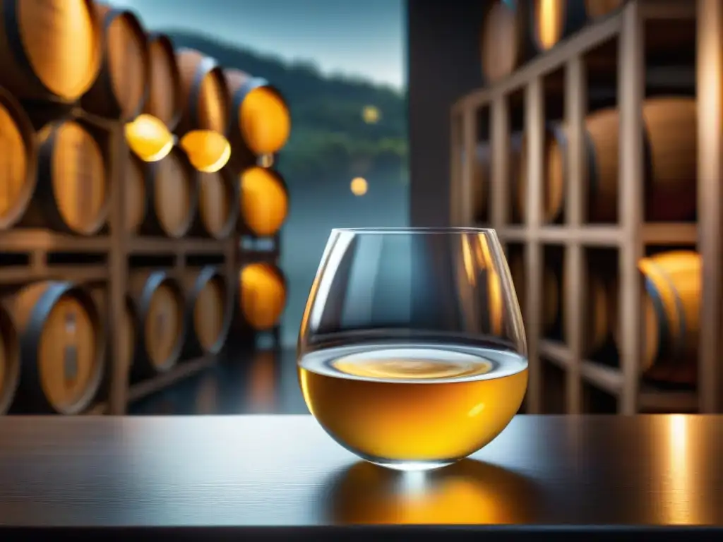 Detalle exquisito de un vaso de cristal con Pisco dorado, destacando la elegancia y sofisticación en una lujosa sala de cata