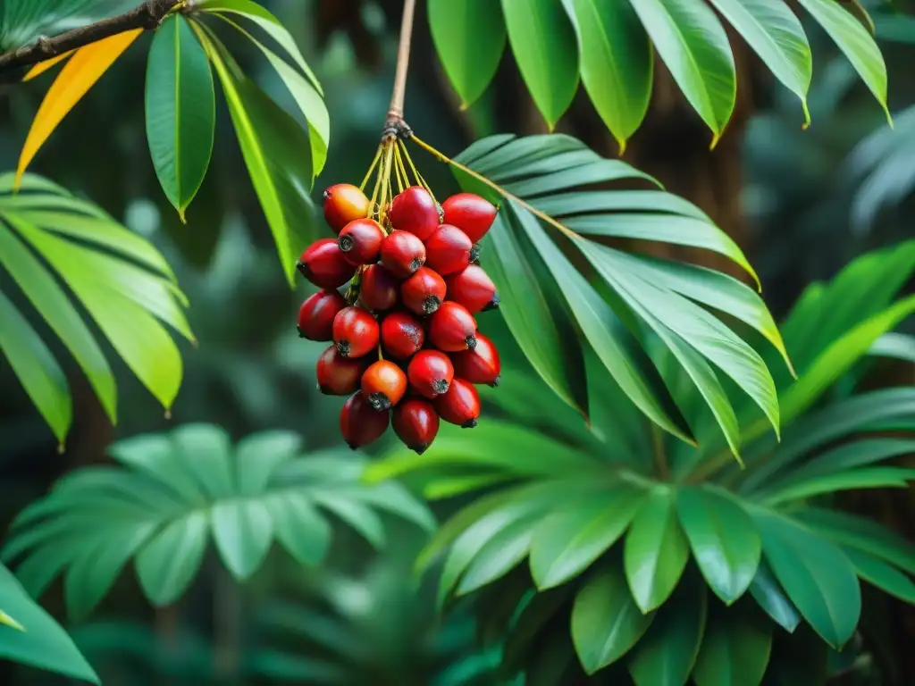 Detalle exuberante de planta de cocona con frutos rojos en selva amazónica, resaltando beneficios del superalimento estrella