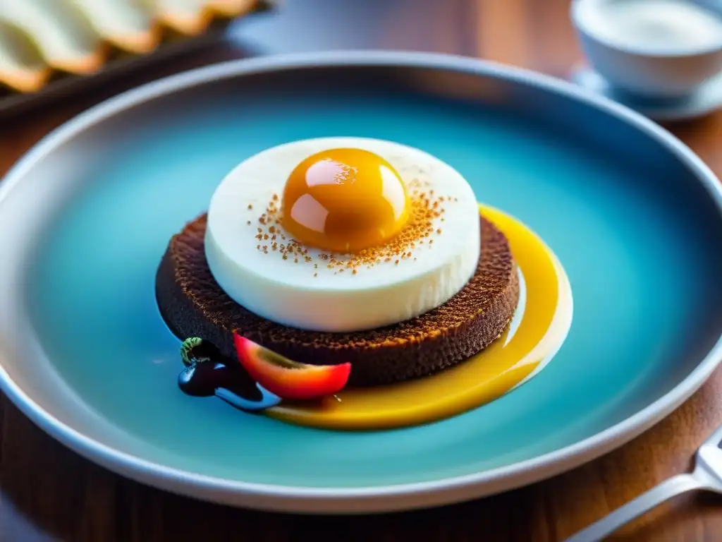 Detalle fascinante de un postre peruano con influencia árabe, fusionando sabores y colores en una presentación elegante