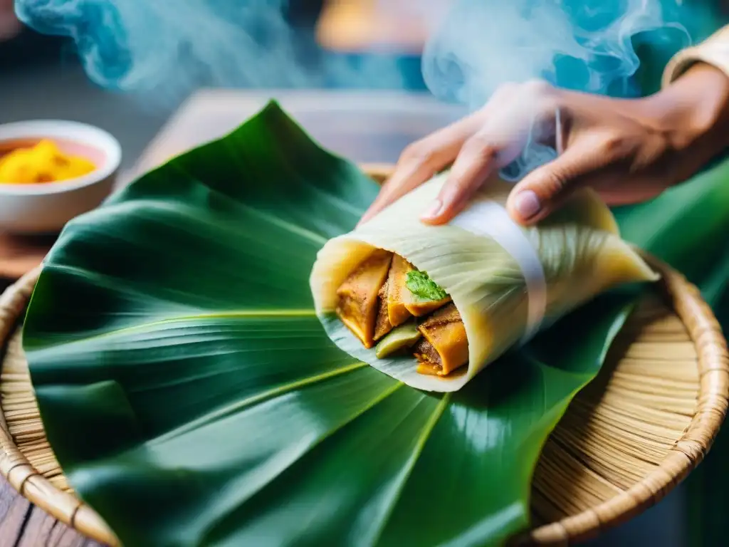 Detalle fascinante del tamalero peruano envolviendo un tamal en hoja de plátano, capturando la esencia de la Historia del tamalero peruano