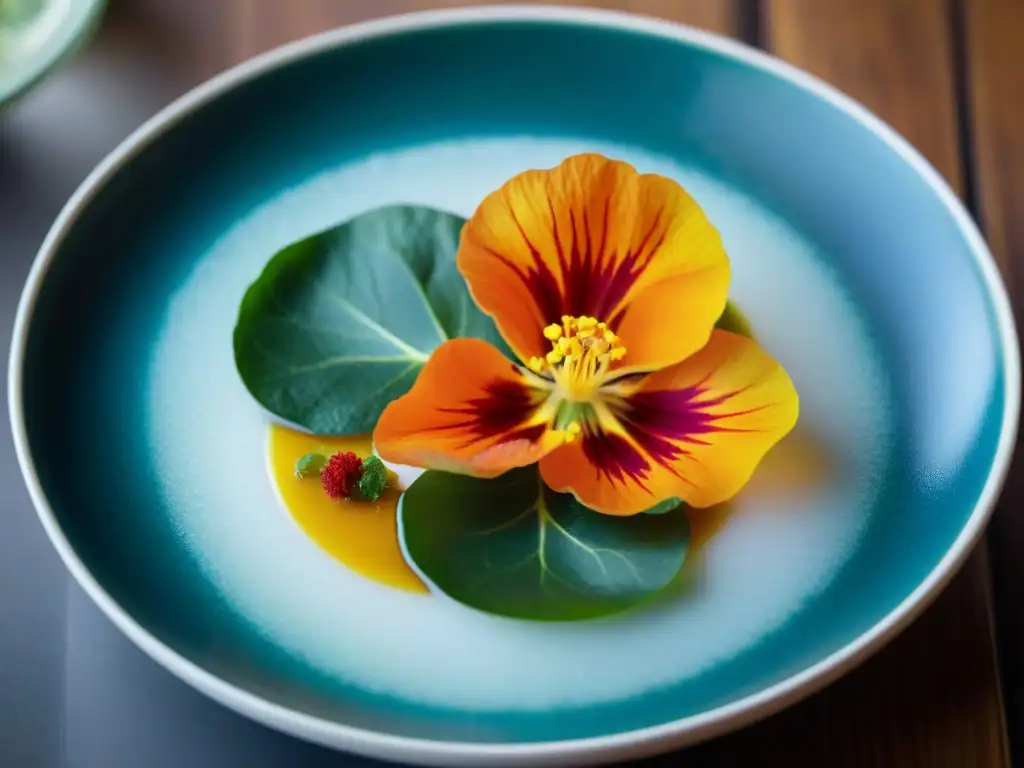 Detalle de una flor de capuchina fresca sobre ceviche peruano, resaltando la creatividad culinaria con flores comestibles en platos peruanos