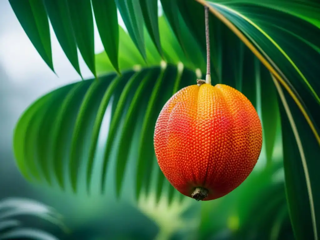 Detalle del fruto maduro de pijuayo colgando de una palmera en la exuberante selva amazónica