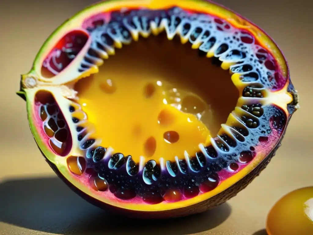 Detalle de una granadilla madura abierta, con sus semillas y pulpa gelatinosa