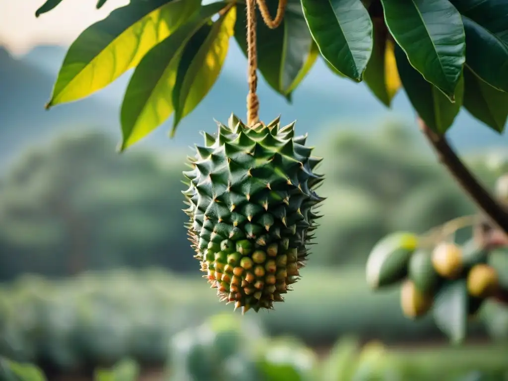 Detalle de guanábana peruana en árbol, con luz entre hojas resaltando su sabor refresco único