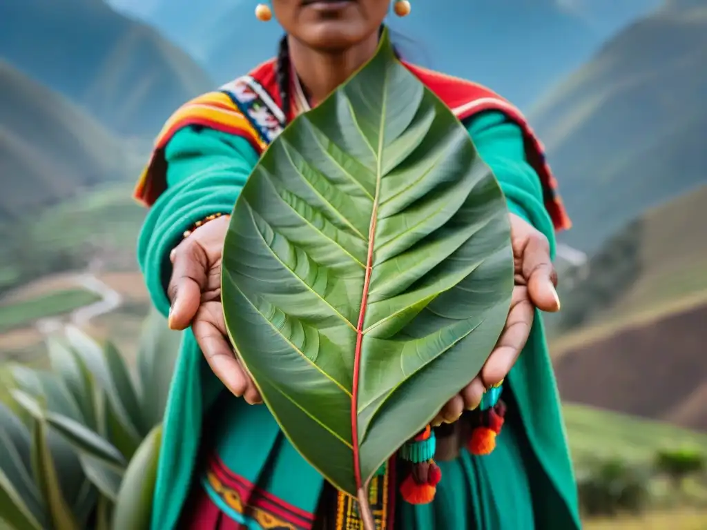 Detalle de hoja de coca en manos de mujer Quechua, con vistas a la cultura andina