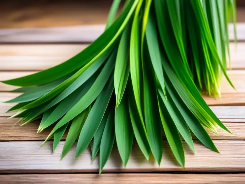 Detalle de hojas verdes vibrantes de hierba luisa recién cortada sobre fondo de madera rústica, iluminadas por el sol