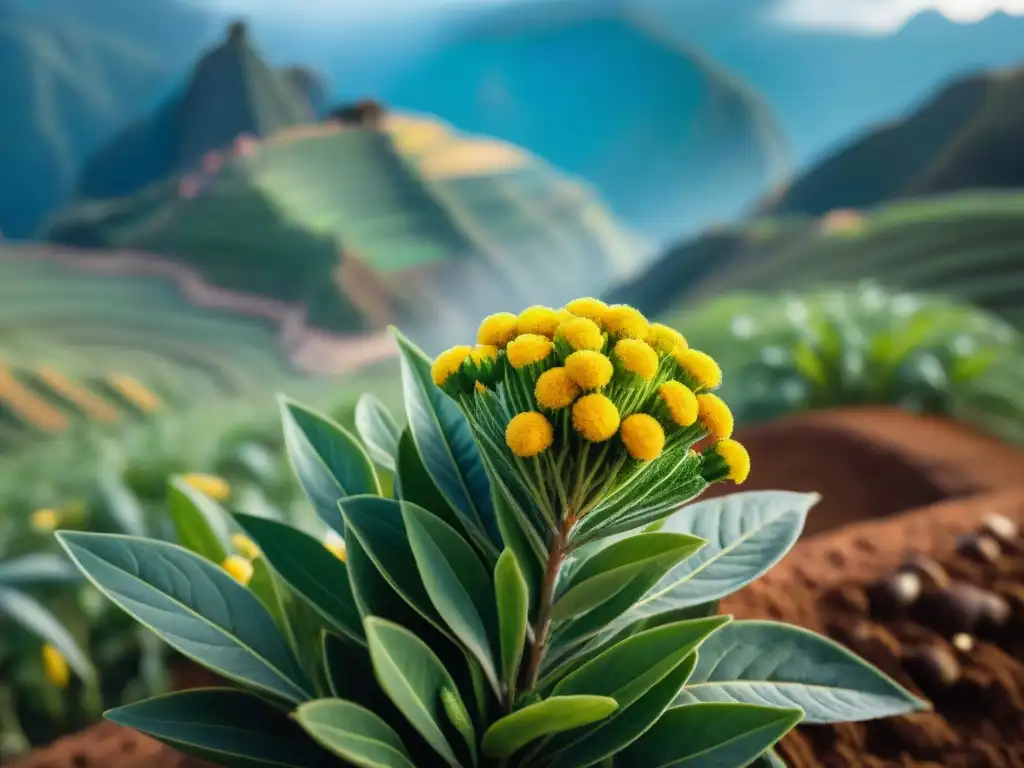 Detalle de huacatay en campo peruano, hojas verdes y flores amarillas