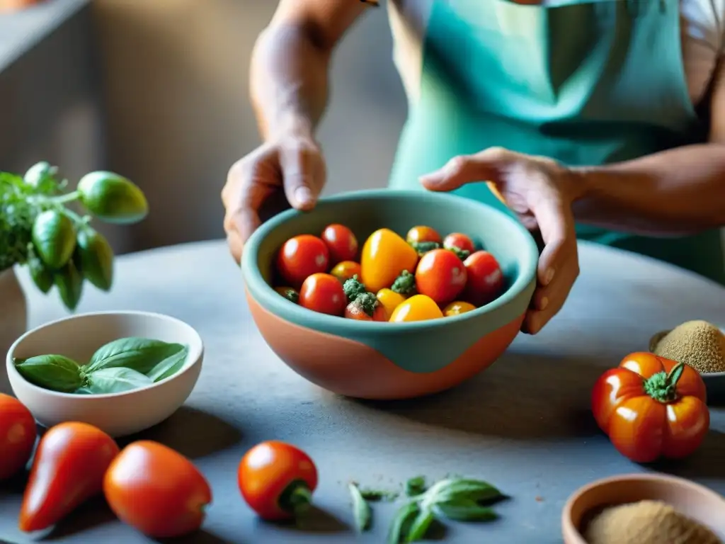 Detalle impactante: manos artesanas creando un cuenco de cerámica junto a ingredientes vibrantes