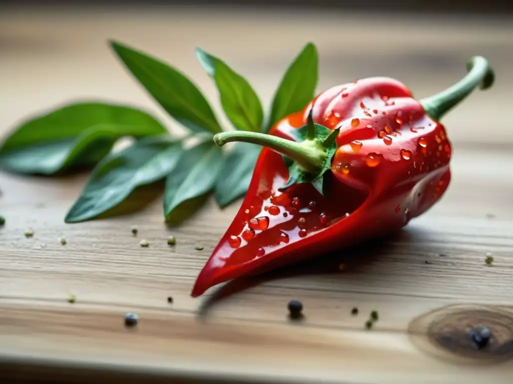 Detalle impresionante de un ají rojo brillante, resaltando su textura y semillas bajo luz natural