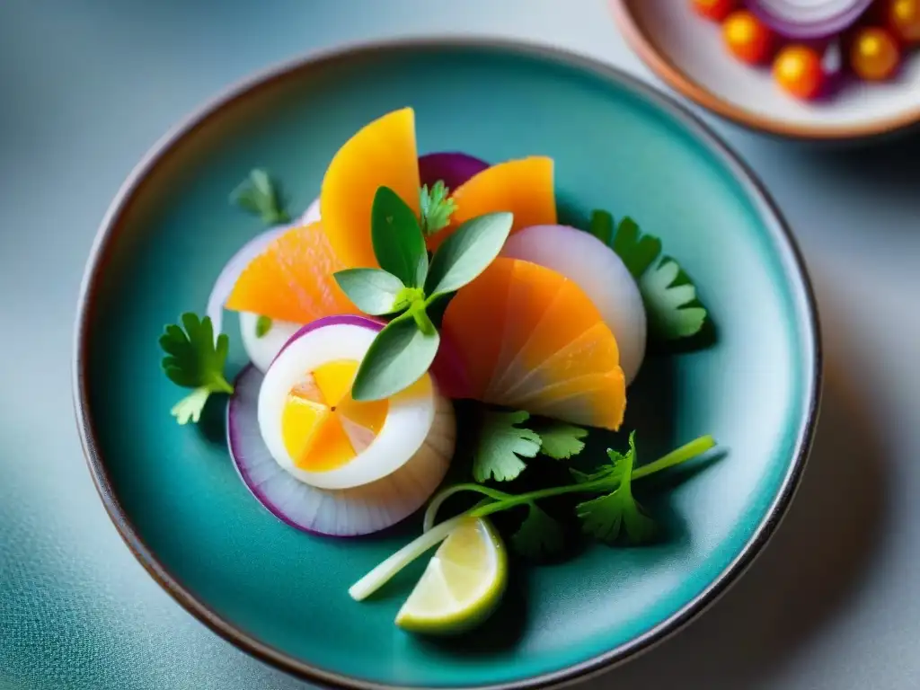 Detalle impresionante de un ceviche peruano en miniatura