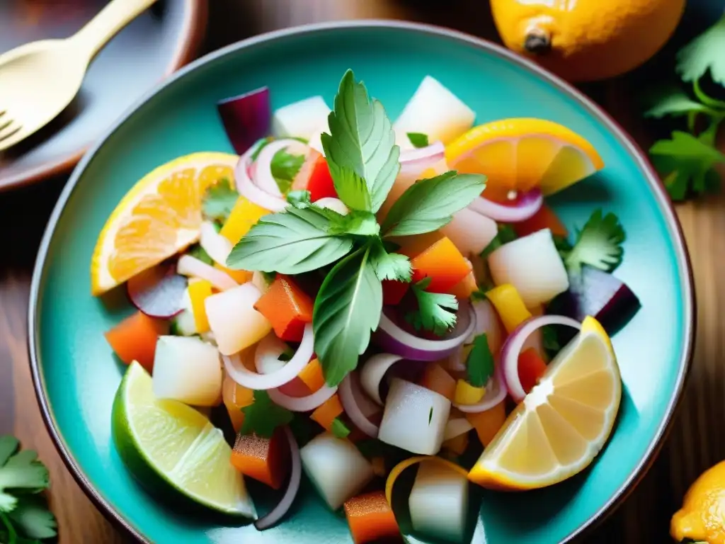 Detalle impresionante de un ceviche peruano, resaltando los accesorios inspirados en ingredientes peruanos