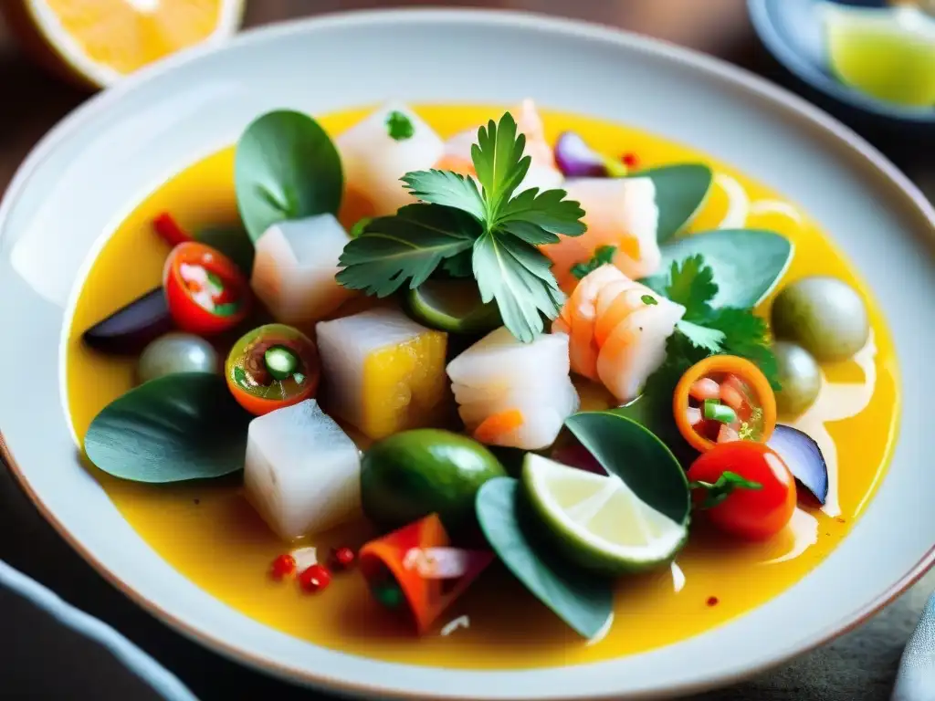 Detalle impresionante del ceviche peruano, resaltando la importancia del pescado peruano en esta delicia culinaria