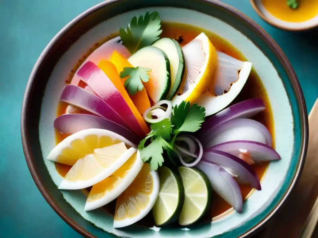 Detalle impresionante de un ceviche peruano en una presentación artística de ingredientes autóctonos