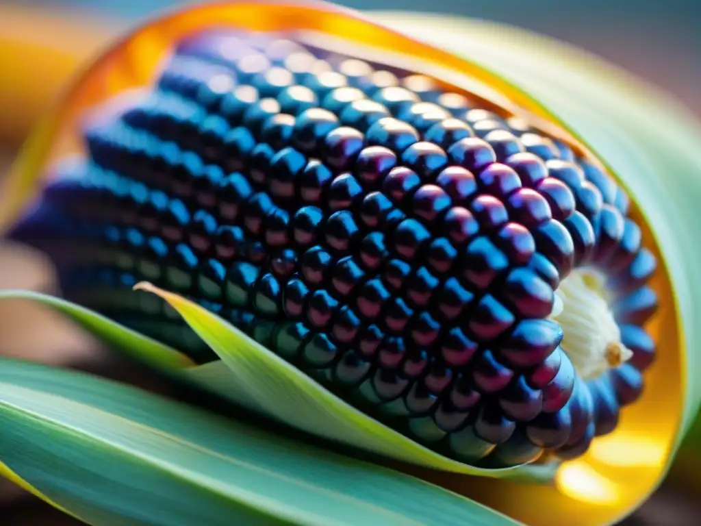 Detalle impresionante de un elote morado vibrante, resaltando la belleza natural y el color único del maíz morado