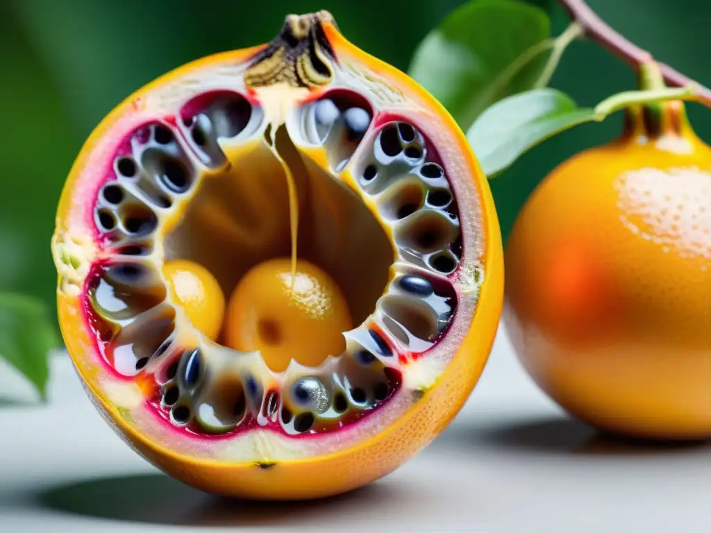 Detalle impresionante de una granadilla madura, jugosa y vibrante, con semillas negras