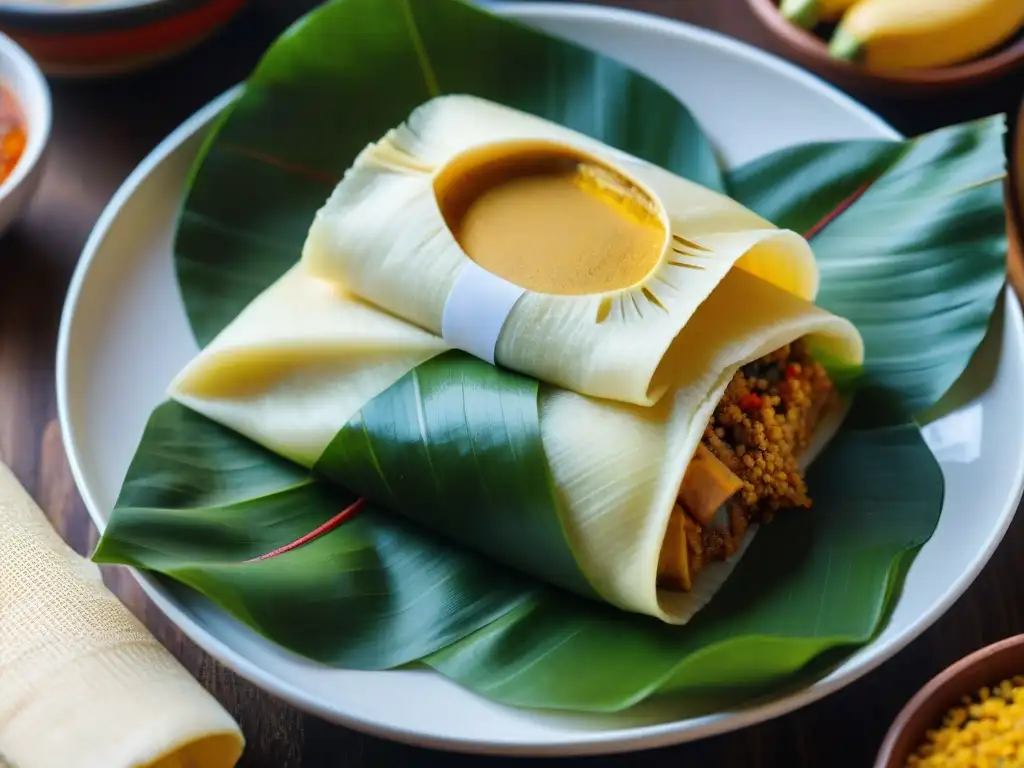 Detalle impresionante del Tamal Peruano recién abierto, con capas de masa, relleno y hoja de plátano