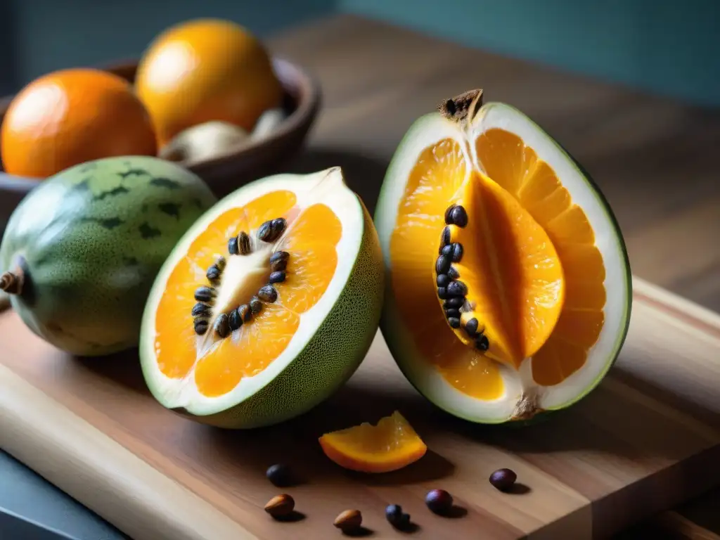 Detalle de una lúcuma recién cortada en una tabla de madera, rodeada de frutas exóticas peruanas