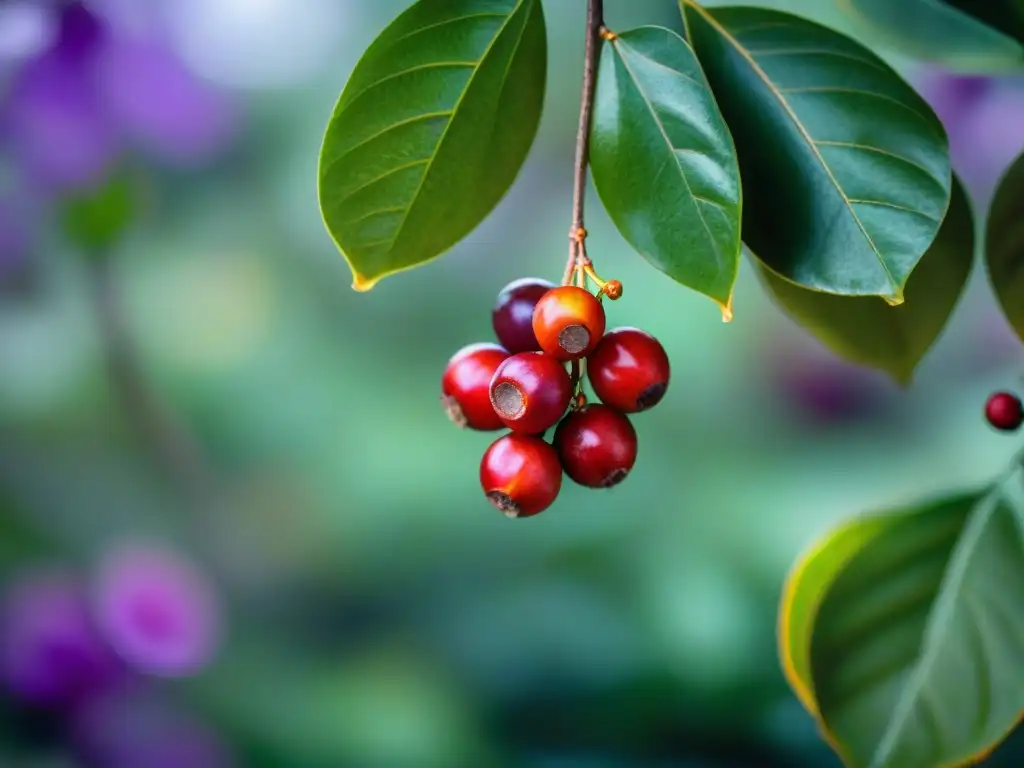 Detalle de bayas de camu camu maduro en la selva amazónica, resaltando su color rojopúrpura y propiedades antioxidantes del camu camu