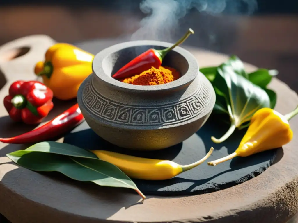 Antiguo molcajete peruano: detalles y colores vibrantes Detalle de molcajete y tejolote peruano con ingredientes vibrantes, resaltando la importancia de la Batán Peruana